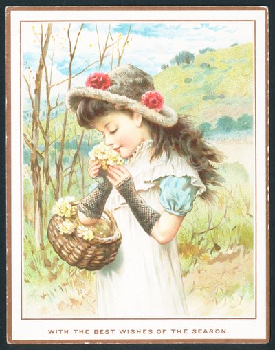 Niña oliendo flores de una cesta de English School
