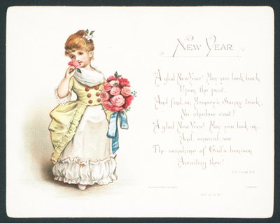 Niña oliendo rosas, tarjeta de Año Nuevo de English School