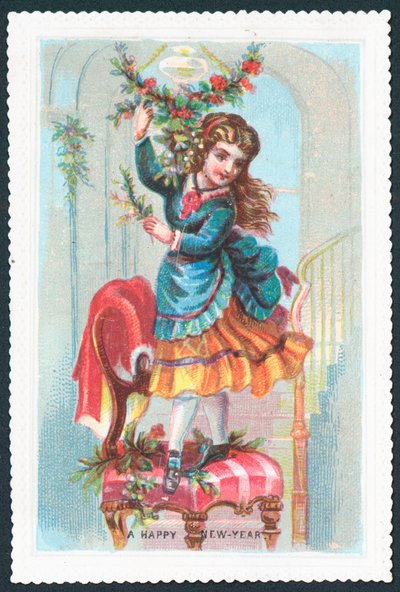 Niña de pie en una silla, tarjeta de Año Nuevo de English School