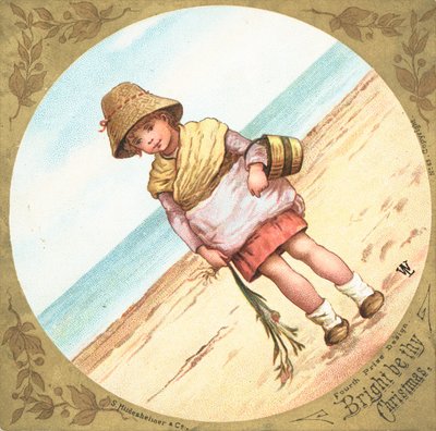 Niña de pie en la playa, tarjeta de Navidad de English School