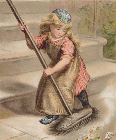 Chica barriendo con una escoba (cromolito) de English School