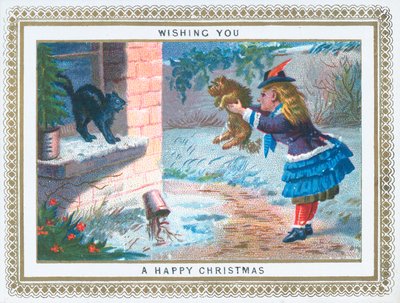 Niña molestando al gato con el perro, tarjeta de Navidad de English School
