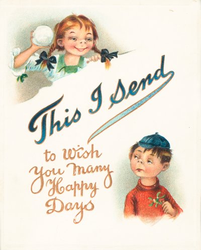 Niña lanzando una bola de nieve traviesa, tarjeta de Navidad de English School