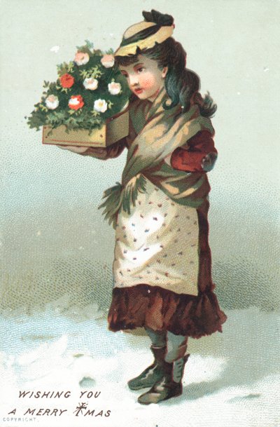 Niña caminando en la nieve con una caja de flores de English School