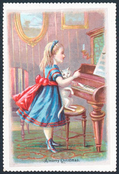 Niña con gato de pie en el piano, Tarjeta de Navidad de English School