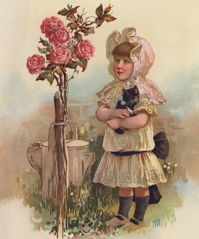 Niña con gato y rosal (cromolito) de English School