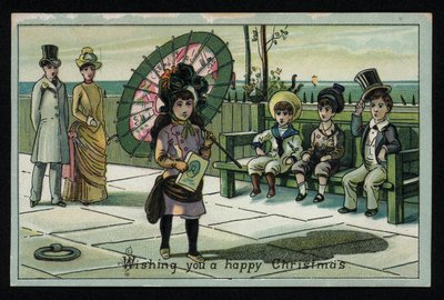 Niña con un gran parasol caminando por un paseo marítimo, tarjeta de felicitación de Navidad de English School