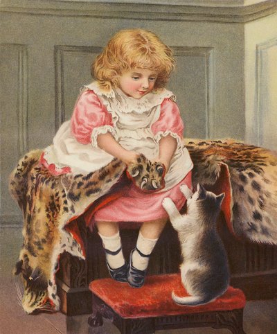 Niña con piel de leopardo y gato doméstico (cromolito) de English School