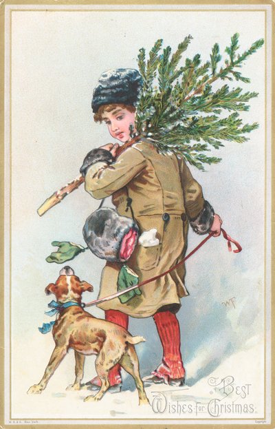 Niña con perro llevando árbol de Navidad, tarjeta de Navidad de English School