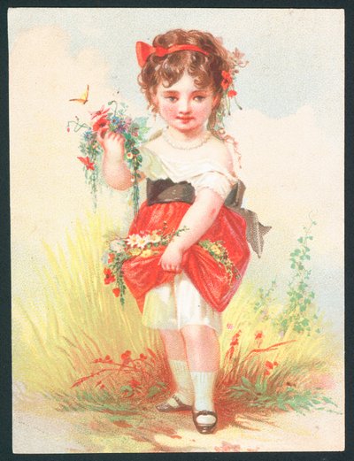 Niña con flores y mariposa - Tarjeta victoriana de felicitación de English School