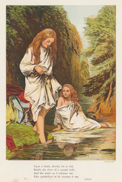 Niñas bañándose en un arroyo (litografía en color) de English School