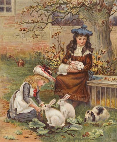 Niñas cuidando de sus conejos (cromolito) de English School