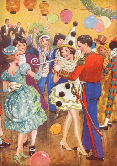 Chicas bailando con chicos en una fiesta de disfraces (litografía en color) de English School