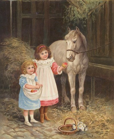 Niñas dando de comer manzanas a un caballo (cromolito) de English School
