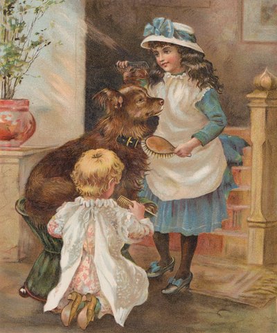 Chicas acicalando a su perro (cromolito) de English School