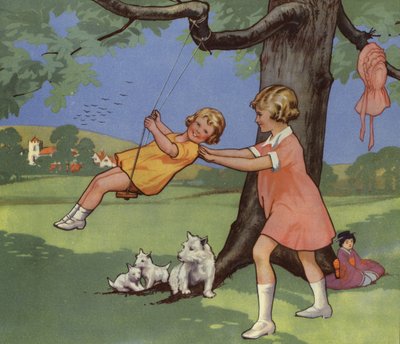 Niñas jugando en un columpio en el campo inglés de English School