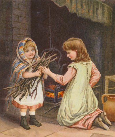 Niñas echando leña al fuego (cromolito) de English School