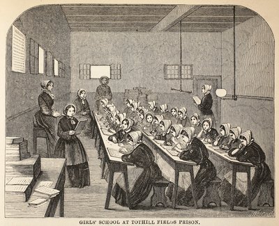 Escuela de niñas en la prisión de Tothill Fields, ilustración de Las prisiones criminales de Londres y escenas de la vida en prisión de Henry Mayhew y John Binny, pub. 1862 de English School