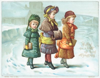 Niñas caminando en la nieve, tarjeta de Navidad de English School