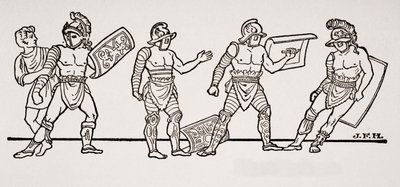 Gladiadores, de una pintura mural en Pompeya, ilustración de The Outline of History de H.G. Wells, Volumen I, publicado en 1820 de English School