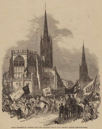 Procesión de Godiva en la Feria de Coventry, la procesión se forma en la iglesia de San Miguel (grabado) de English School