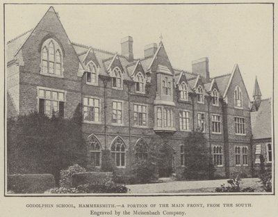 Godolphin School, Hammersmith, parte de la fachada principal, desde el sur (grabado) de English School