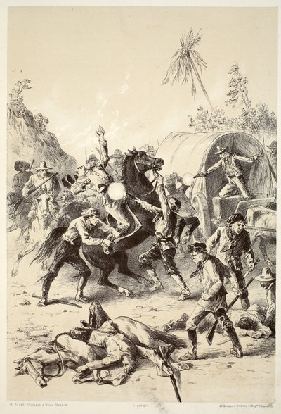 Escolta de oro atacada por Bush Rangers, de La Historia de Australasia por David Blair, McGrady, Thomson y Niven, 1879 de English School