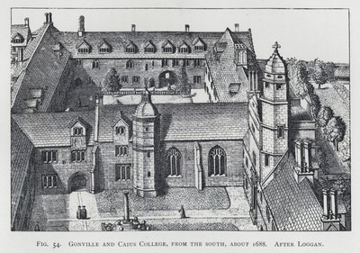 Gonville y Caius College, desde el sur, alrededor de 1688, después de Loggan de English School