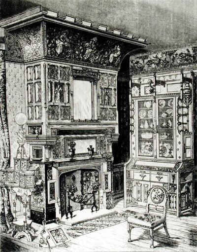Gabinete gótico y una chimenea altamente decorada de parte de una habitación ambientada por Cox & Sons para Filadelfia de English School