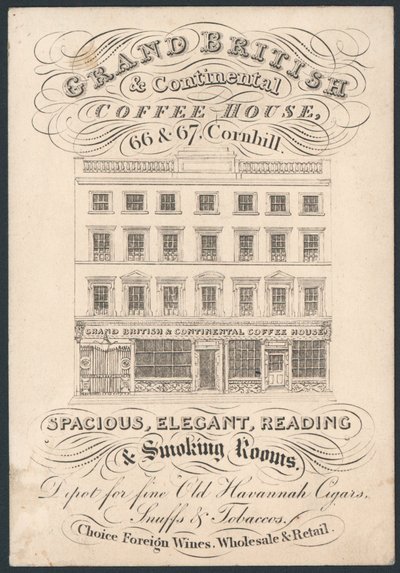 Gran Casa de Café Británica y Continental, 66 y 67 Cornhill, tarjeta comercial de English School