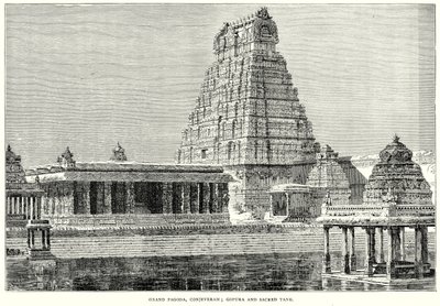 Gran Pagoda, Conjeveram; Gopura y Tanque Sagrado (grabado) de English School