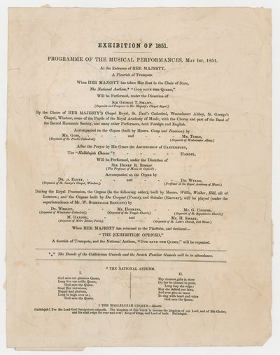 Gran Exposición de 1851. Programa de actuaciones musicales, 1 de mayo de 1851 de English School