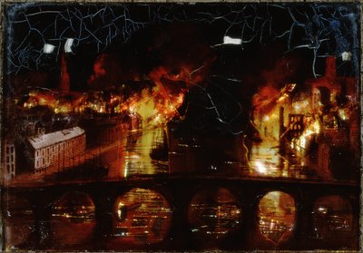 Gran incendio de Newcastle upon Tyne (nácar y óleo sobre vidrio) de English School