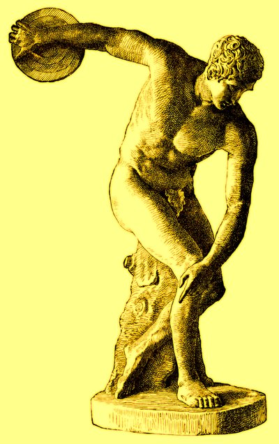 Atleta griego lanzando el disco, ilustración de la Historia Universal Ilustrada de Cassell por Edward Ollier, 1890 (imagen mejorada digitalmente) de English School