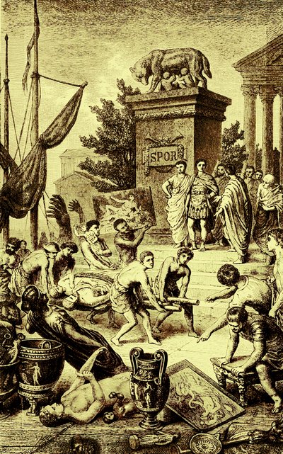 Cultura griega - estatuas y obras de arte llevadas a Roma, ilustración de The Illustrated History of the World, publicado c.1880 de English School