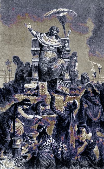 Degeneración griega - Creso en la pira funeraria, ilustración de The Illustrated History of the World, publicado c.1880 de English School