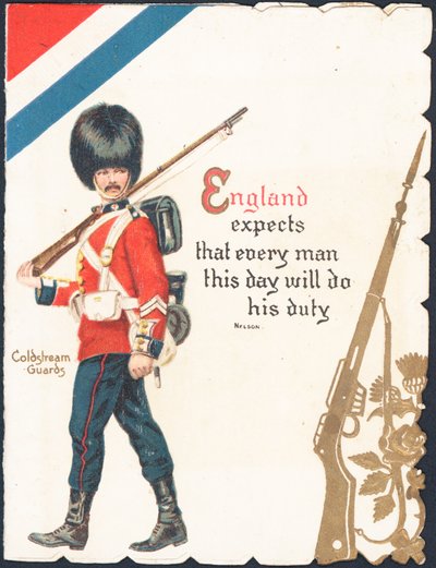 Tarjeta de felicitación con un soldado de los Coldstream Guards de English School