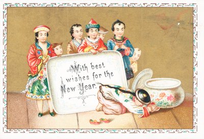 Saludos de niños chinos, tarjeta de Año Nuevo de English School