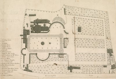 Plano del terreno de Vauxhall Gardens, Londres de English School