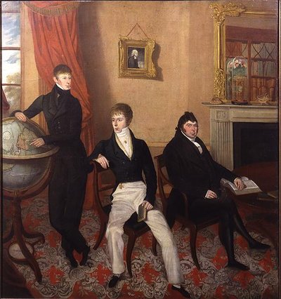 Retrato de grupo de tres hombres en un elaborado interior de sala, c.1825 de English School