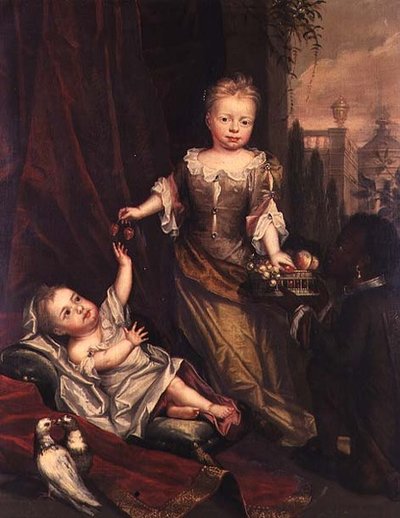Retrato de grupo de los niños Stone con un paje negro de English School