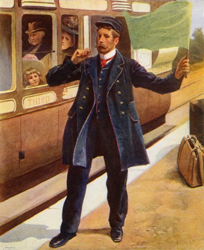 Guardia haciendo sonar su silbato cuando el tren está a punto de partir (lito de color) de English School