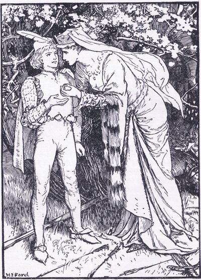 Guenevere envía su paje a Lancelot en busca de ayuda, ilustración de "The Book of Romance" publicado por Longmans Green and Co. de English School