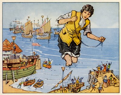 Los viajes de Gulliver: Captura la flota en Blefuscu (litografía en color) de English School