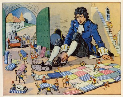 Los Viajes de Gulliver: El Emperador hizo que le hicieran una cama (litografía en color) de English School