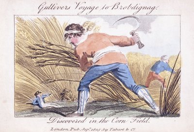El viaje de Gulliver a Brobdingnag, descubierto en el campo de maíz, 1805 de English School