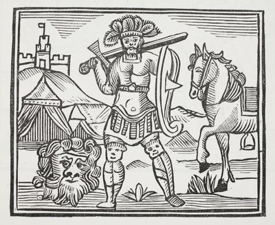 Guy habiendo matado a Armarant, ilustración de Chap-books del Siglo XVIII de John Ashton, pub. 1882 de English School