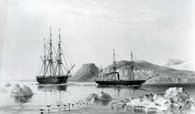 HMS Assistance remolcado por Pioneer pasando el monte John Harrow, canal de North Wellington en 1853 de English School