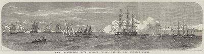HMS "Dauntless," con premios rusos, pasando la flota sueca (grabado) de English School