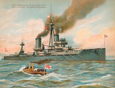 HMS Dreadnought, acorazado británico que revolucionó el poder naval (chromolitho) de English School